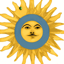 a yellow sun with a blue circle around it and a face