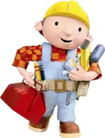 bob the builder is holding a red toolbox and a ruler