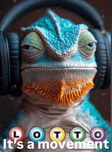 a picture of a chameleon wearing headphones with the words lotto it 's a movement