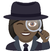 a woman wearing a hat and a suit is looking through a magnifying glass