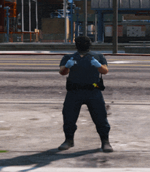 a police officer wearing a mask and gloves is standing on a street