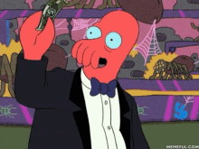 a cartoon character in a tuxedo is holding a dollar bill in his hand