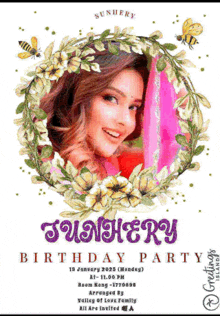 a birthday party invitation for sunhery with a picture of a woman