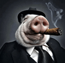 a pig wearing a suit and tie smoking a cigar