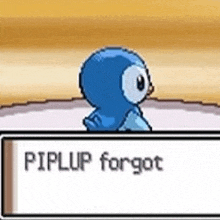 a blue penguin is standing next to a white box that says piplup forgot .