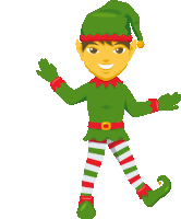 a cartoon illustration of an elf with striped pants and a green hat