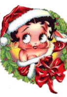 a cartoon of betty boop wearing a santa hat and holding a red bow