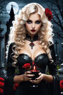 a woman in a black dress holds a candle and a red rose