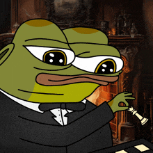 a cartoon frog in a tuxedo holding a chess piece