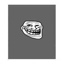 a black and white drawing of a troll face with big teeth on a gray background .