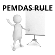 a 3d man standing in front of a projector screen with the words pemdas rule written above him