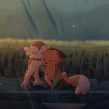 a cartoon drawing of two animals hugging in the rain