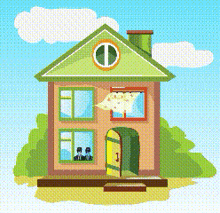 a cartoon drawing of a house with a green roof and a green door