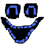 a pixel art drawing of a smiley face with a blue mouth