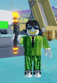 a roblox character in a green suit and tie is holding a torch