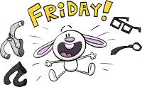 a cartoon of a bunny jumping in the air with the word friday behind him