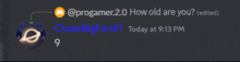 a screenshot of a discord conversation between progamer 2.0 and chasebigfan # 9