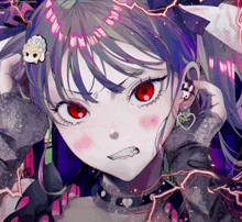 a close up of a girl with red eyes and a heart shaped earring