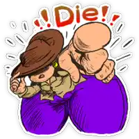 a cartoon drawing of a cowboy with the word die written above him