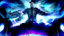 a painting of a dj wearing headphones with a blue light behind him