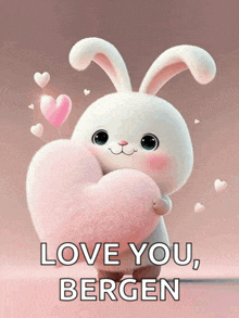 a bunny rabbit holding a pink heart with the words love you bergen below it