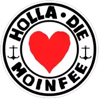 a red heart is in the center of a black and white circle that says holla die moinfee