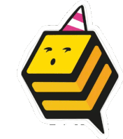 a sticker of a bee wearing a party hat with a surprised look on its face