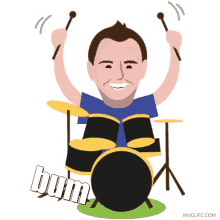 a cartoon drawing of a man playing drums with the word bum above him