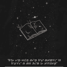 a black background with a drawing of an open book with a crescent moon and planets on it .