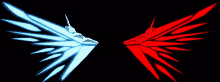 a blue and a red wing are against a black background