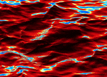 a computer generated image of red and blue water waves