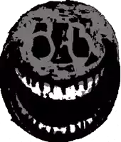 a black and white drawing of a smiley face with a skull and the number 66 on it .