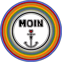 a rainbow colored circle with the word moin and an anchor in the center