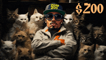 a man in a zerp zoo hat is surrounded by cats