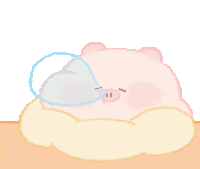 a pink pig is laying on a cloud with a bubble in its mouth .