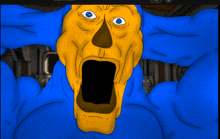 a cartoon drawing of a yellow and blue superhero with a surprised look on his face