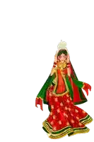 a woman in a red and green dress is holding a crown on her head