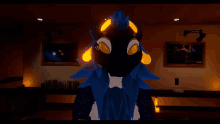 a cartoon character with blue feathers and yellow eyes stands in a room