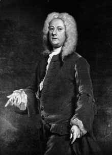 a black and white portrait of a man with a wig on