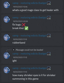 a screenshot of a discord conversation between vamp restoring edicts ( badge ) and rubberband