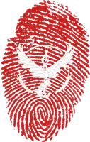 a red fingerprint with a swirl around it