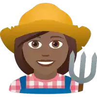 a woman wearing overalls and a straw hat holds a pitchfork