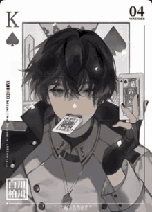 a black and white drawing of a boy holding a playing card .