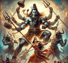 a painting of a woman holding a spear in front of a giant shiva