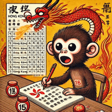 a monkey is holding a pencil and writing on a piece of paper with hong kong written on it