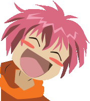 a cartoon character with pink hair is laughing with his eyes closed