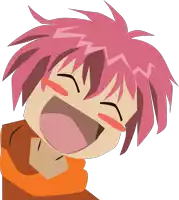 a cartoon character with pink hair is laughing with his eyes closed