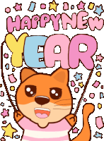 a cartoon cat is holding up a banner that says happy new year