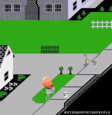 a video game shows a man walking down a sidewalk next to a house