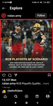 a screenshot of the rcb playoffs of scenario on a phone